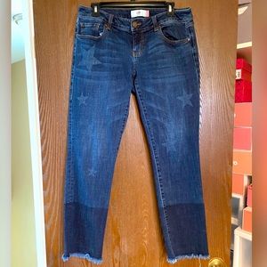 Cabi Slim Boyfriend Star Print Cropped Raw Hem Jeans in Celebrity Indigo - Sz 4